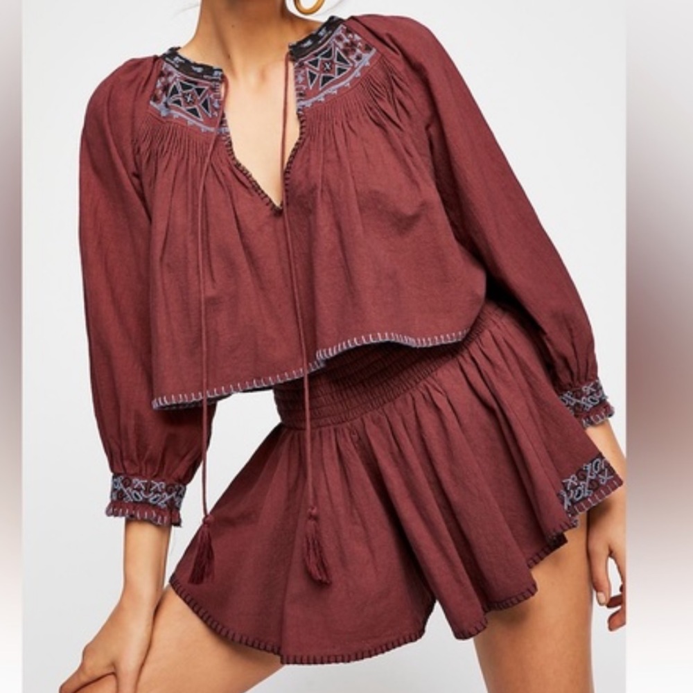 Free People NWT ‘Cherry Bomb’ Embroidered Top and Short Set XS